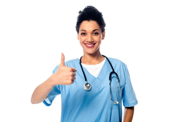 Vista Frontal Enfermeira Afro Americana Com Polegar Para Cima Sorrindo — Fotografia de Stock