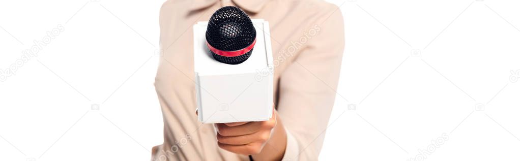 Cropped view of african american journalist holding microphone isolated on white, panoramic shot