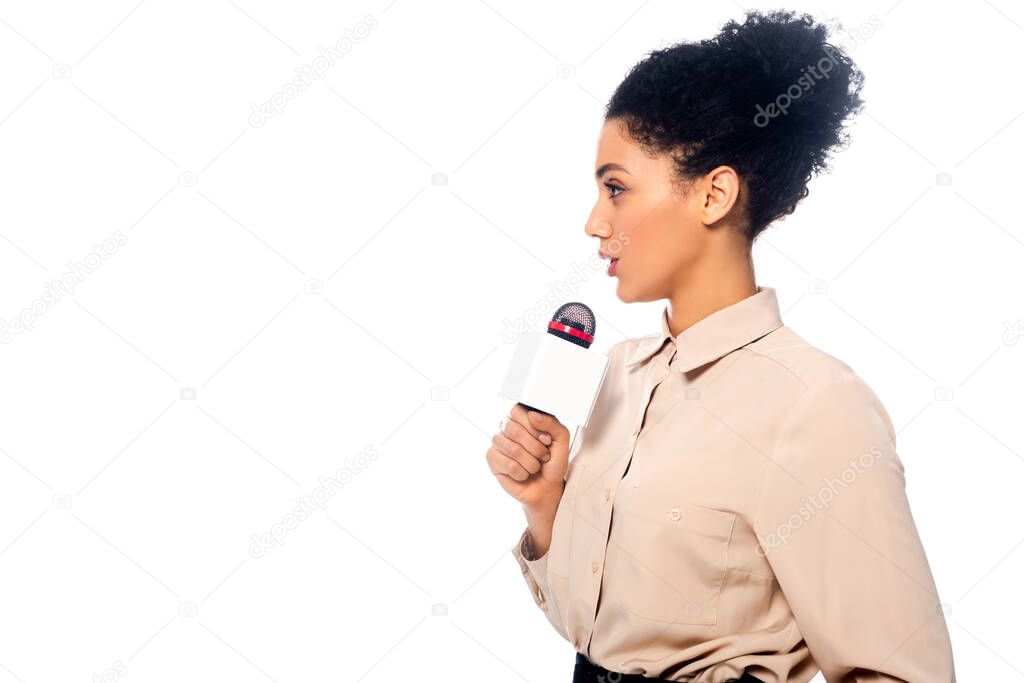 African american journalist speaking into microphone isolated on white