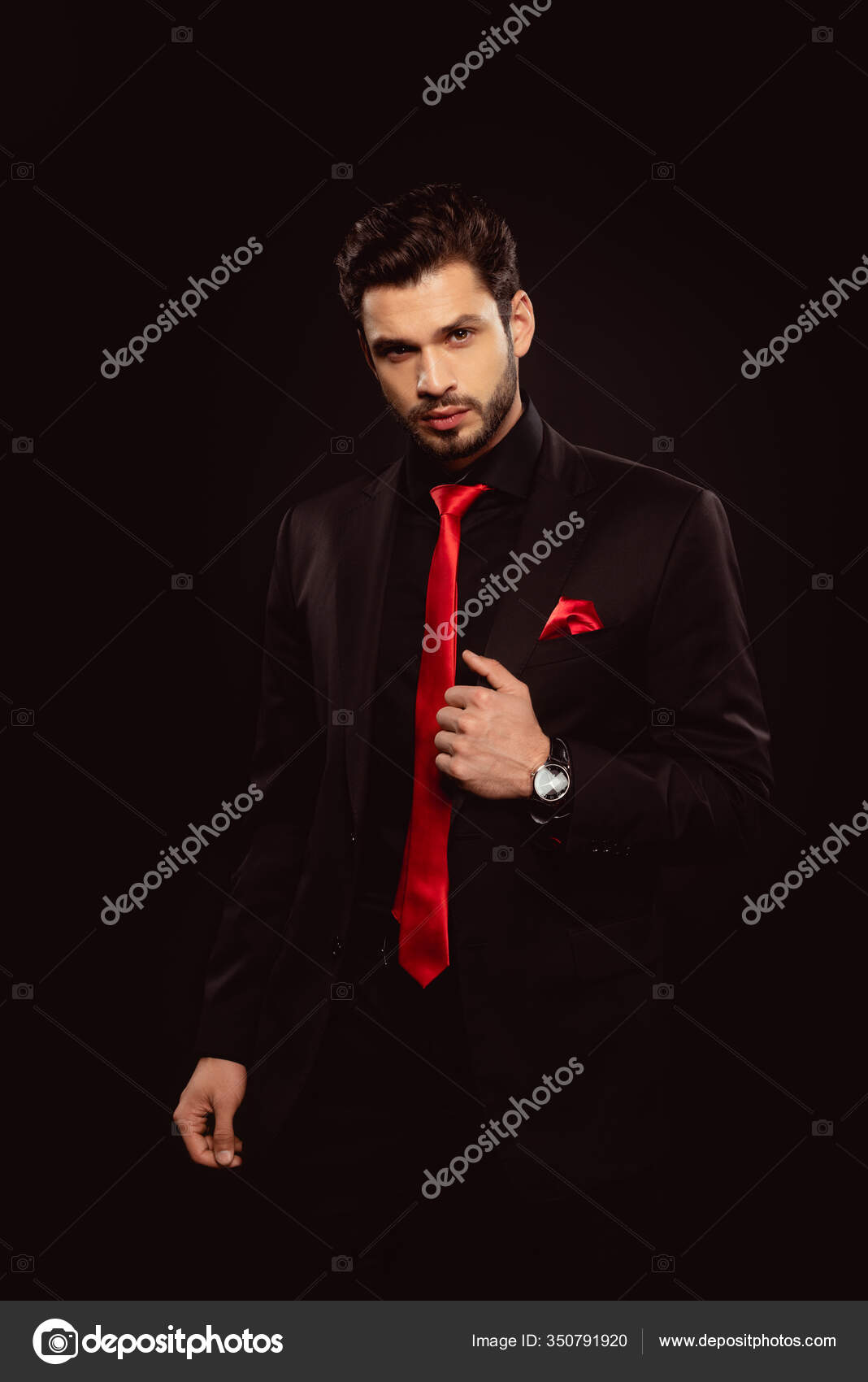 Elegant Man Black Suit Red Tie Looking Camera Stock by ©IgorVetushko 350791920