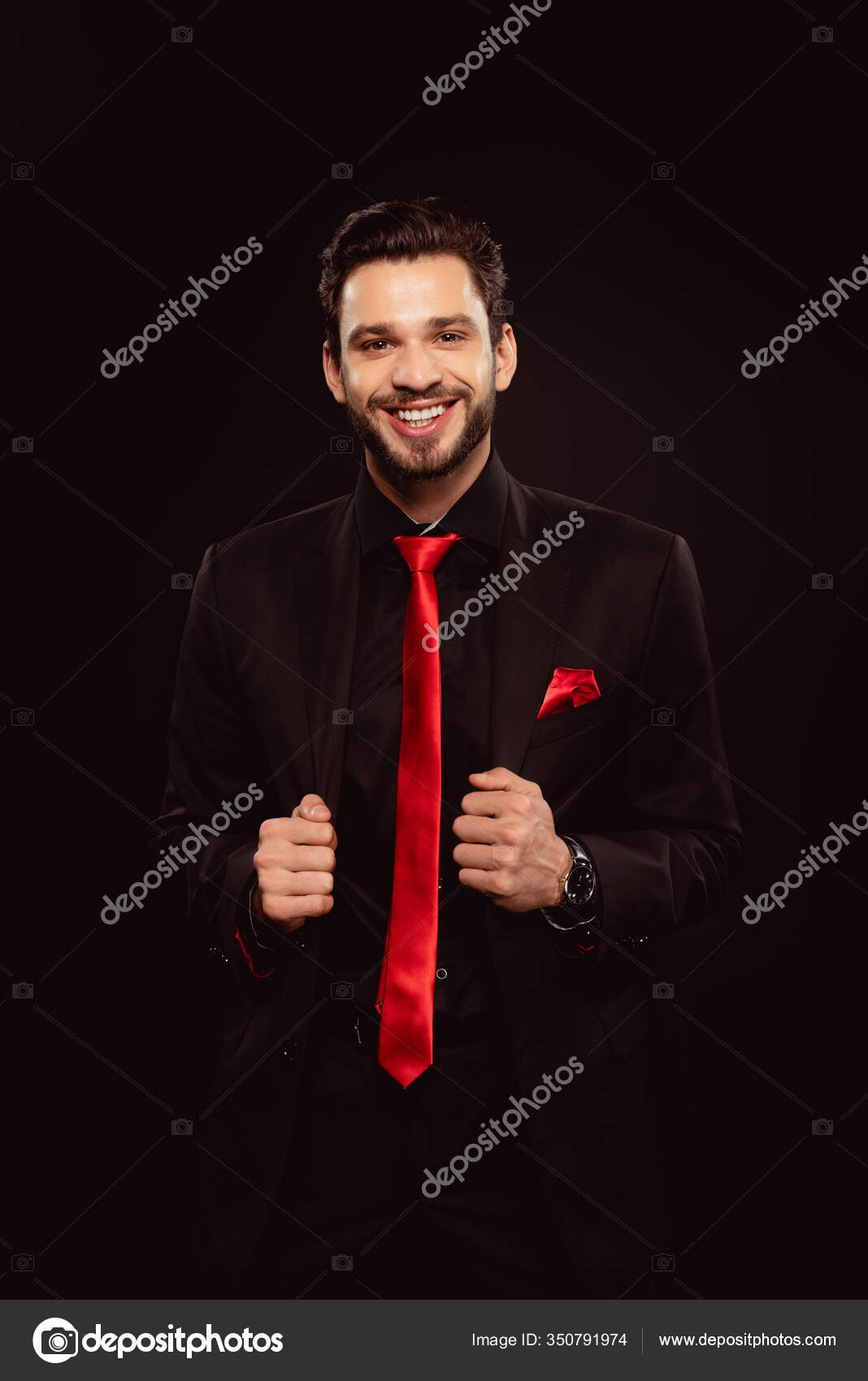 Ropa Formal Traje Negro Hombre Corbata Roja Elegante Barba Hombre - Main Image