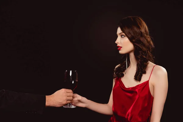 Side View Man Giving Glass Red Wine Elegant Girl Isolated — Stock Photo, Image