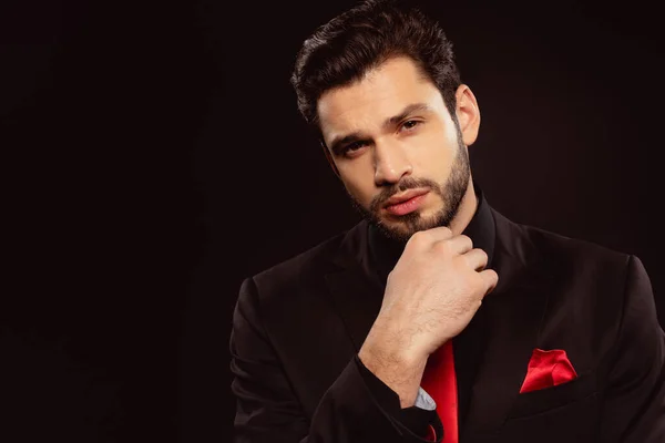 Elegant Man Suit Red Tie Looking Camera Isolated Black — Stock Photo, Image