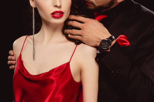 Cropped View Elegant Man Touching Hair Girlfriend Red Dress Isolated — Stock Photo, Image