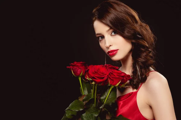 Elegant Woman Holding Roses Looking Camera Isolated Black — Stock Photo, Image