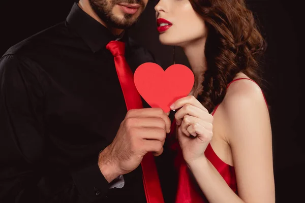 Cropped View Elegant Couple Holding Heart Shaped Paper Isolated Black — Stock Photo, Image