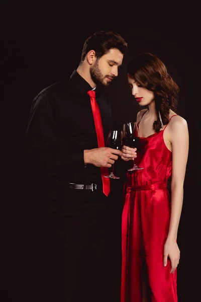 Side View Elegant Couple Clinking Red Wine Isolated Black — Stock Photo, Image