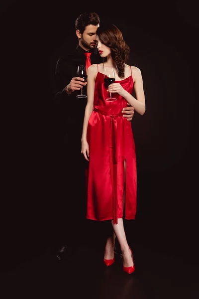 Full Length Handsome Man Embracing Beautiful Girlfriend Glass Red Wine — Stock Photo, Image