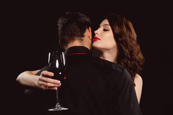 Beautiful Woman Glass Wine Kissing Boyfriend Isolated Black — Stock Photo, Image