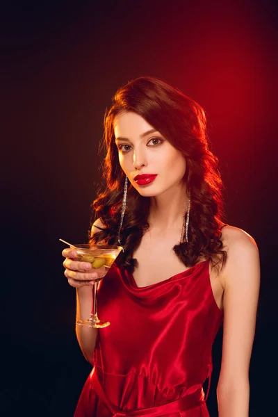 Beautiful Woman Red Dress Holding Glass Cocktail Black Background Lighting — Stock Photo, Image