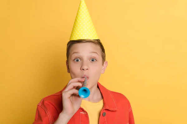 Kid Party Cap Blowing Party Horn Yellow Background — Stock Photo, Image