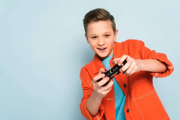 Kyiv Ukraine January 2020 Smiling Kid Playing Joystick Blue Background — Stock Photo, Image