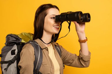beautiful female traveler with backpack looking through binoculars, isolated on yellow  clipart