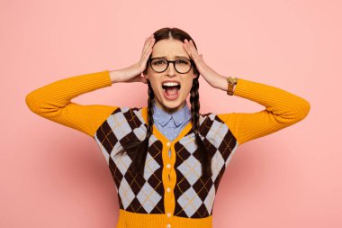 stressed yelling female nerd in glassess on pink clipart