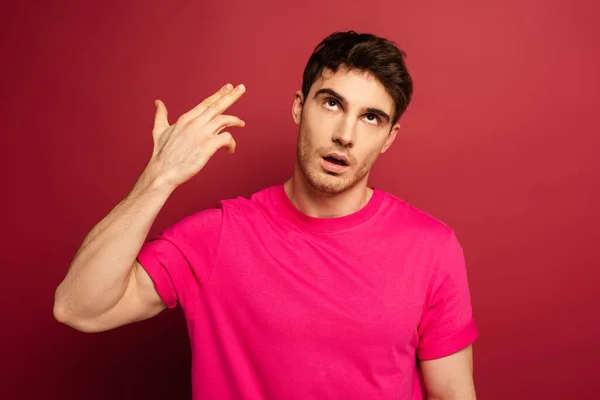 Portrait Frustrated Man Pink Shirt Hand Gun Gesture Red — Stock Photo, Image
