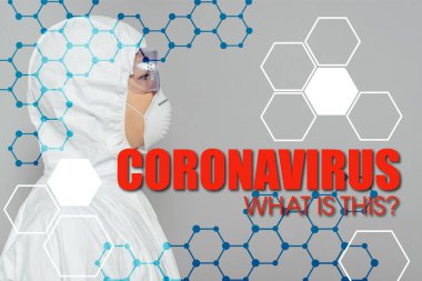 Tehlikeli madde giysisi ve solunum maskesi takmış Asyalı epidemiyolojistin gri, koronavirüs çizimine izole edilmiş yan görüntüsü 