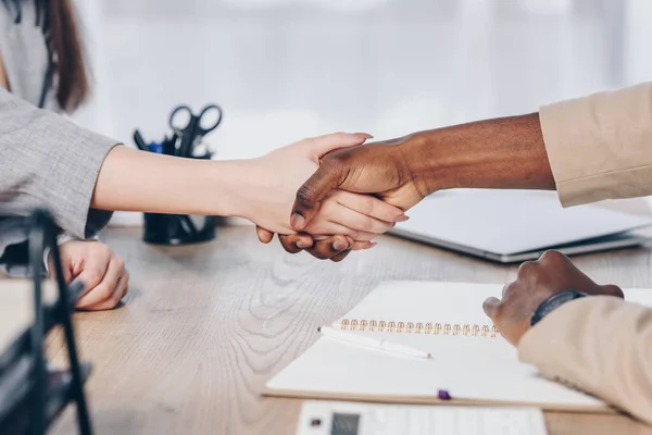 Cropped View African American Recruiter Shaking Hands Employee Table Office — Stock Photo, Image