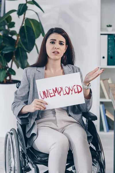 Worried Disabled Employee Holding Placard Unemployed Lettering Wheelchair Office — Stock Photo, Image