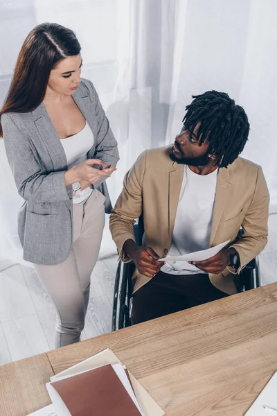 High Angle View Employee African American Disabled Recruiter Papers Looking — Stock Photo, Image