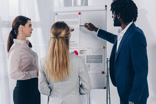 Работник рядом с рекрутером и африканским американским работодателем указывая ручкой на флип-чарте в офисе

