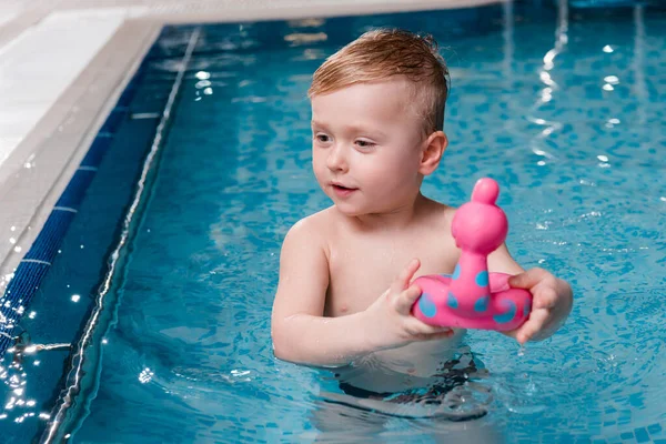 Entzückender Kleinkind Junge Spielt Mit Gummispielzeug Schwimmbad — Stockfoto