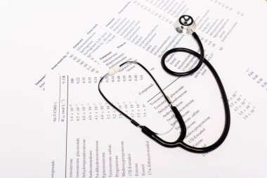 Steteskop kağıt listelerinde hormonlar beyaza izole edilmiş.