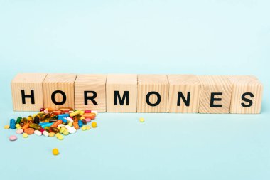 Tahta bloklar, hormonlar, harf ve mavi arka planda haplar.