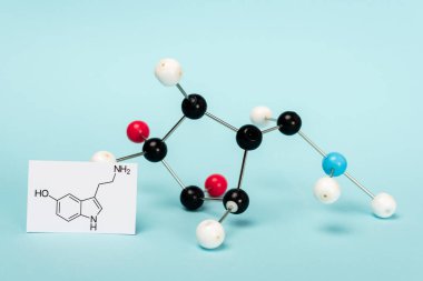 Serotoninin moleküler formülü mavi arka plandaki hormon yapısının yanındaki kartta.
