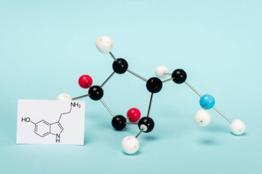 Molecular formula of serotonin on card near hormone construction on blue background clipart