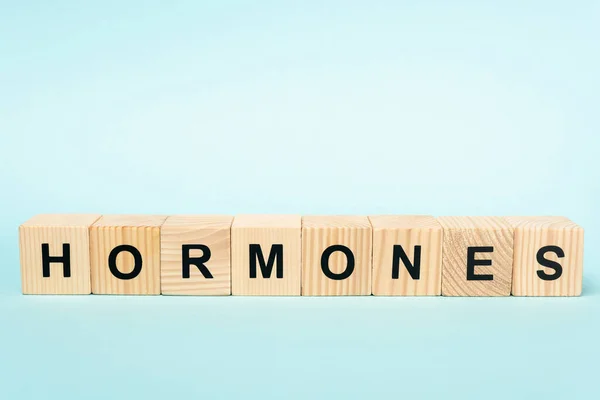 Träkuber Med Hormoner Bokstäver Blå Bakgrund — Stockfoto