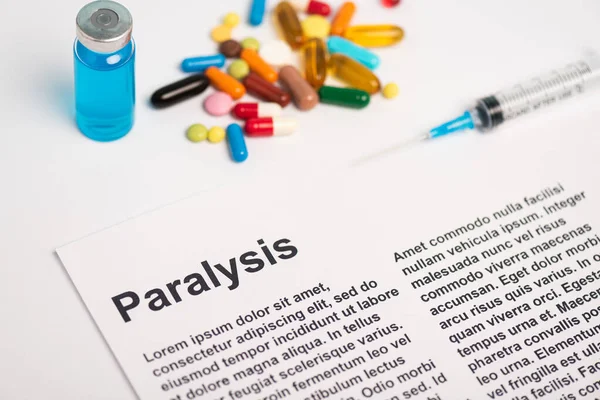 Paper Paralysis Lettering Jar Syringe Pills White Background — Stock Photo, Image