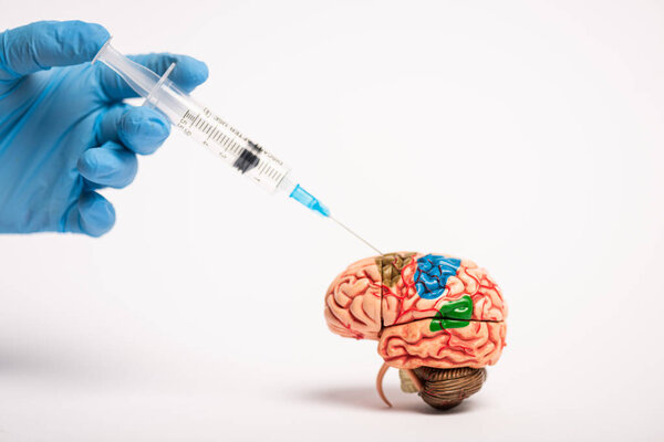 Cropped view of doctor holding syringe near brain model on white background, alzheimer disease concept 