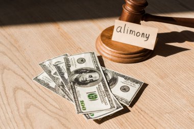 gavel near dollar banknotes and paper with alimony lettering on desk clipart