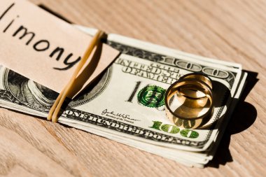 selective focus of paper with lettering on dollar banknotes near engagement rings  clipart
