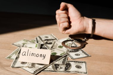 selective focus of handcuffed man near dollar banknotes and paper with alimony lettering  clipart