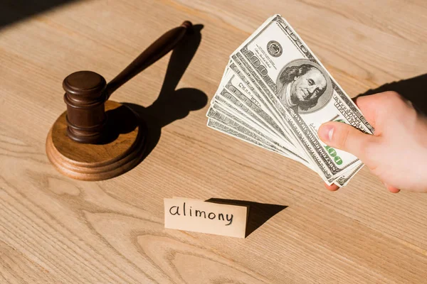 Cropped View Man Holding Dollar Banknotes Gavel Paper Alimony Lettering — Stock Photo, Image