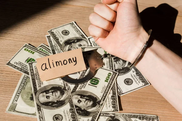 Cropped View Handcuffed Man Dollar Banknotes Paper Alimony Lettering — Stock Photo, Image