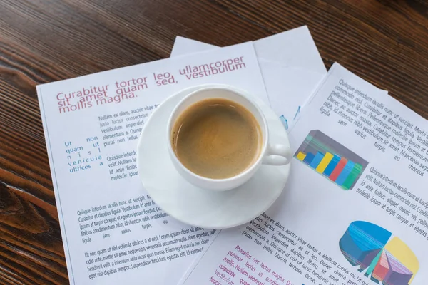 High Angle View Cup Coffee Papers Table — Stock Photo, Image