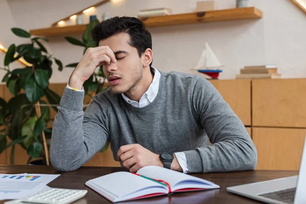 Tired Businessman Closed Eyes Notebook Table Office — Stock Photo, Image