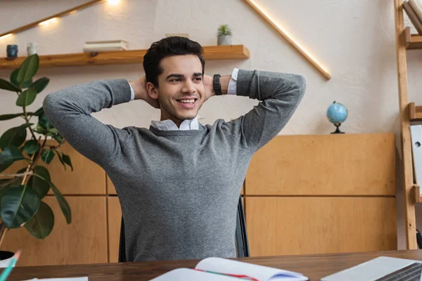 Businessman Hands Head Looking Away Smiling Table Office — Stock Photo, Image