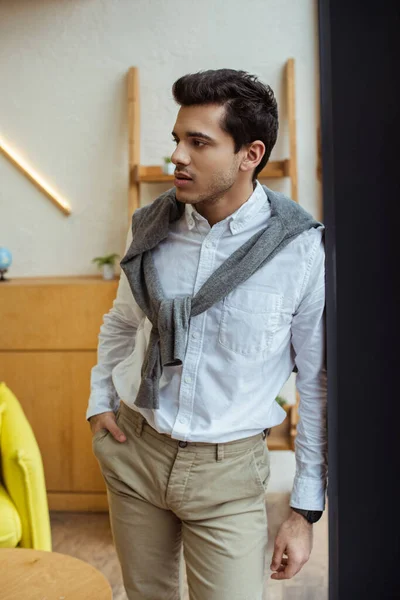 Selective Focus Businessman Hands Pockets Looking Away Office — Stock Photo, Image