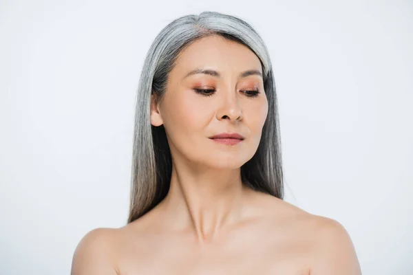 Attractive Adult Asian Naked Woman Perfect Skin Grey Hair Isolated — Stock Photo, Image