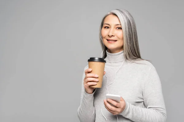 Happy Asian Woman Turtleneck Coffee Listening Music Earphones Smartphone Isolated — Stock Photo, Image