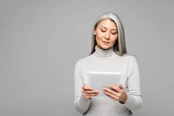 Beautiful Asian Woman Turtleneck Using Digital Tablet Isolated Grey — Stock Photo, Image