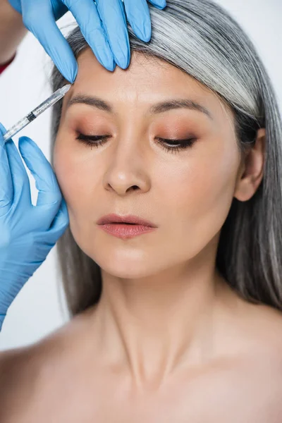 Attractive Naked Asian Woman Doctor Latex Gloves Holding Syringe Beauty — Stock Photo, Image