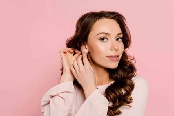Attractive Young Woman Touching Ear Isolated Pink — Stock Photo, Image