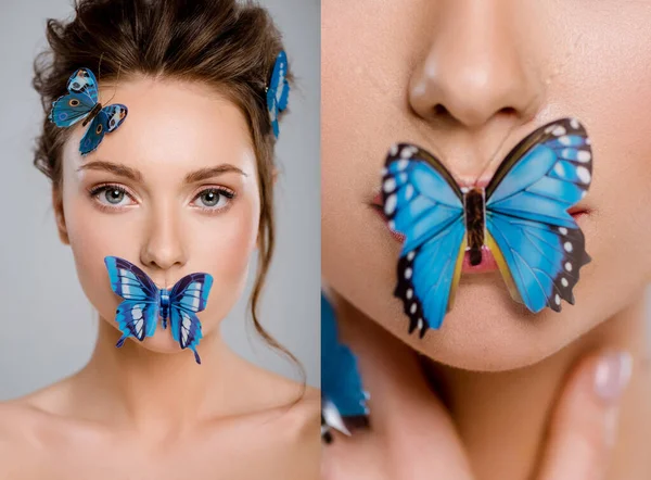 Collage Beautiful Girl Decorative Butterflies Mouth Face Isolated Grey — Stock Photo, Image