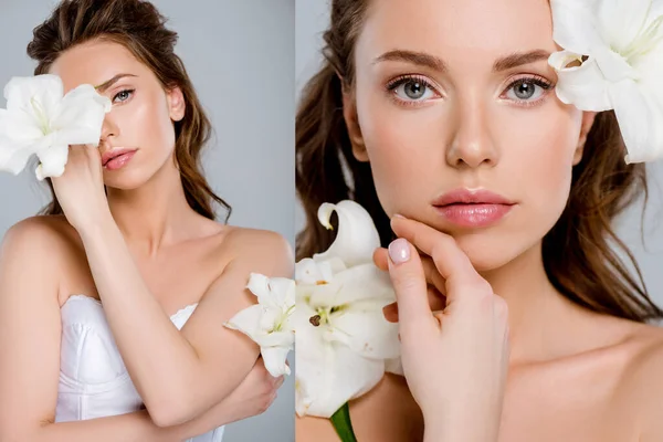 Collage Beautiful Girl Touching Face White Flowers Isolated Grey — Stock Photo, Image