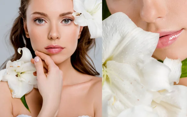 collage of attractive girl touching face near white flowers isolated on grey