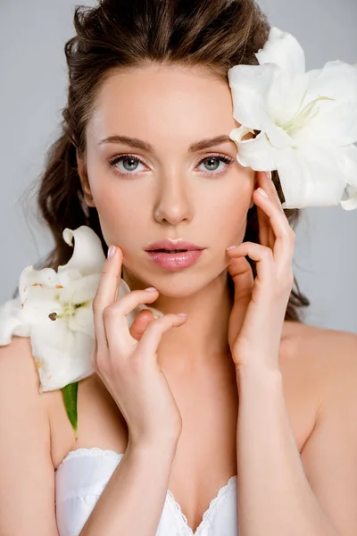 White Blooming Flowers Attractive Woman Touching Face Isolated Grey — Stock Photo, Image